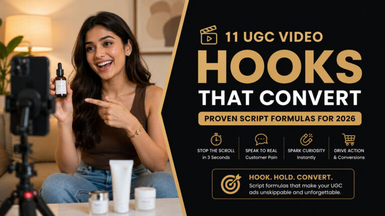 South Asian UGC creator recording a product video on a smartphone beside a bold headline highlighting 11 UGC video hooks that convert with proven script formulas for 2026.