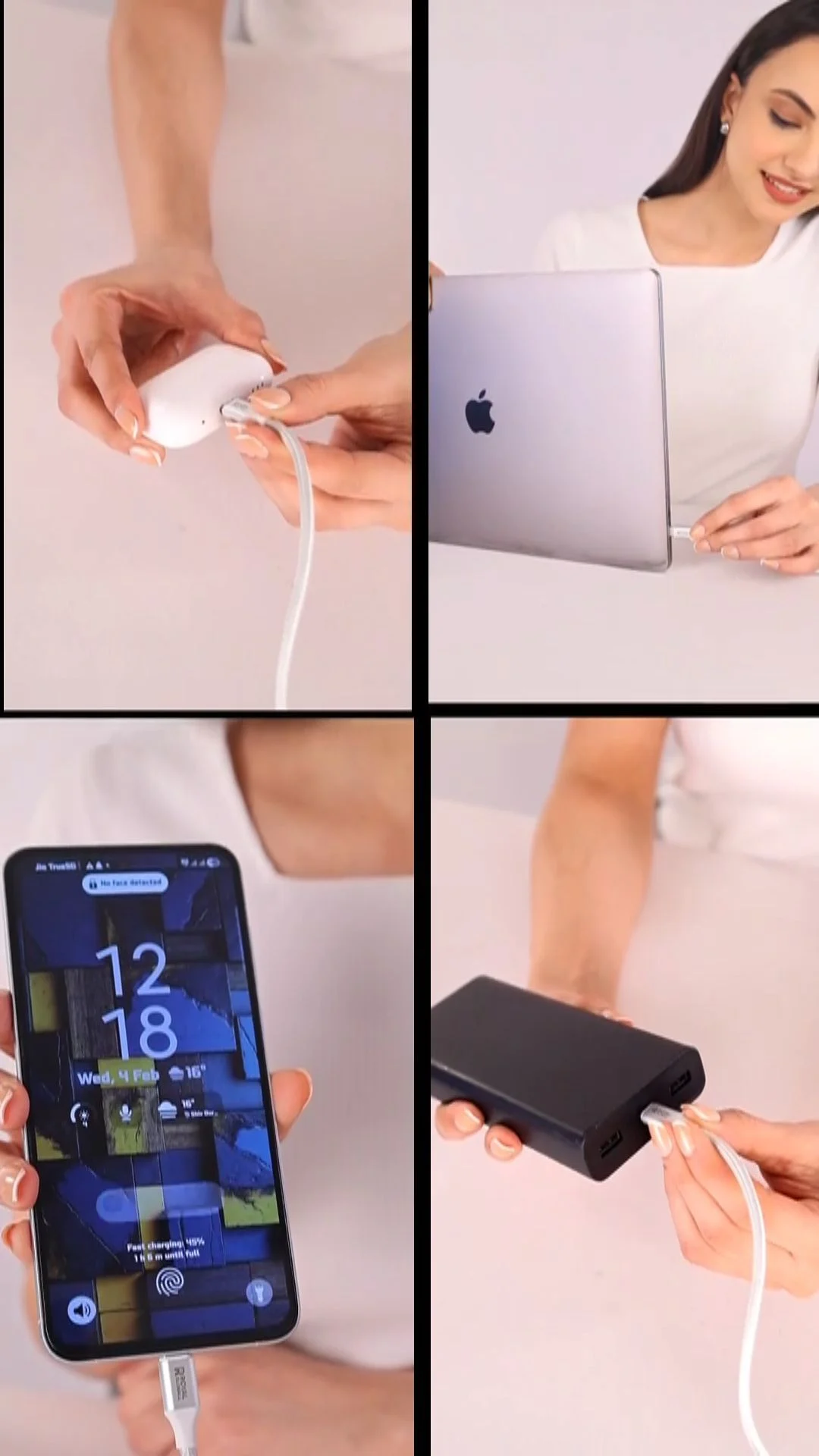 Vertical four-panel grid of a tech accessory demo: hands plugging a cable into a charger, a woman using a laptop, a phone charging and a power bank connected, showing the multiple B-roll beats a UGC deliverables checklist asks for