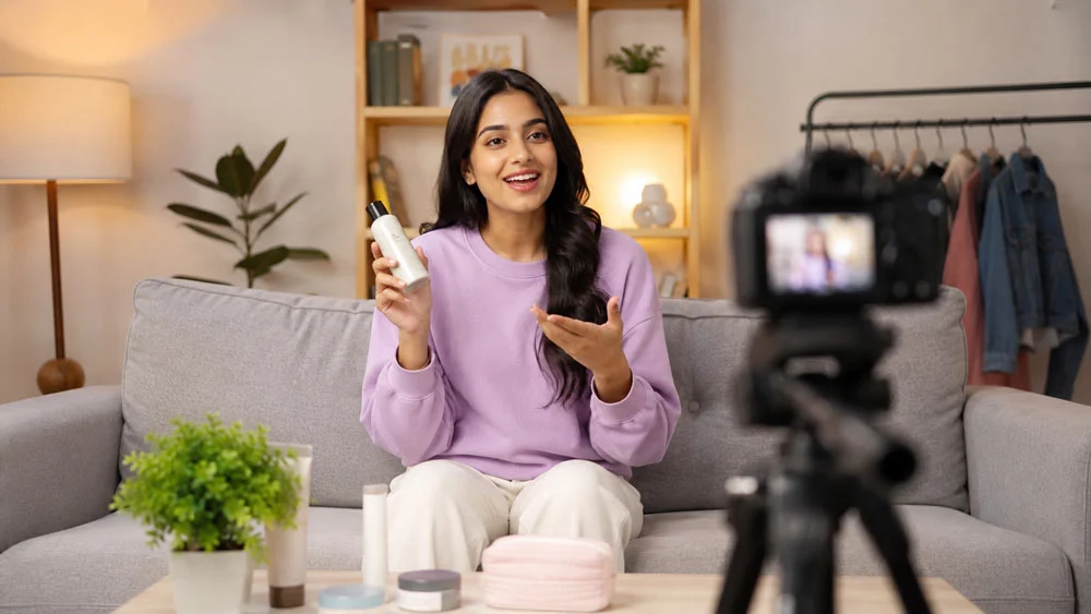 Indian woman creator in a lilac sweatshirt holding a skincare bottle on a grey sofa while a camera on a tripod records a sponsored product review