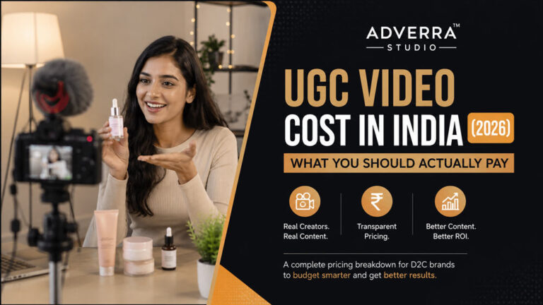 UGC creator filming a skincare product beside pricing content for UGC video cost in India 2026, highlighting transparent pricing and budgeting for D2C brands.