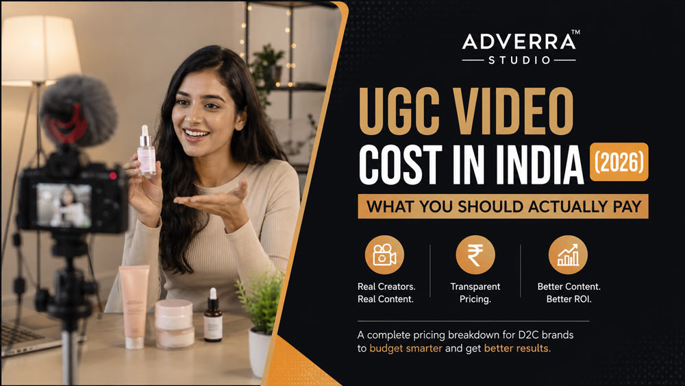 UGC creator filming a skincare product beside pricing content for UGC video cost in India 2026, highlighting transparent pricing and budgeting for D2C brands.