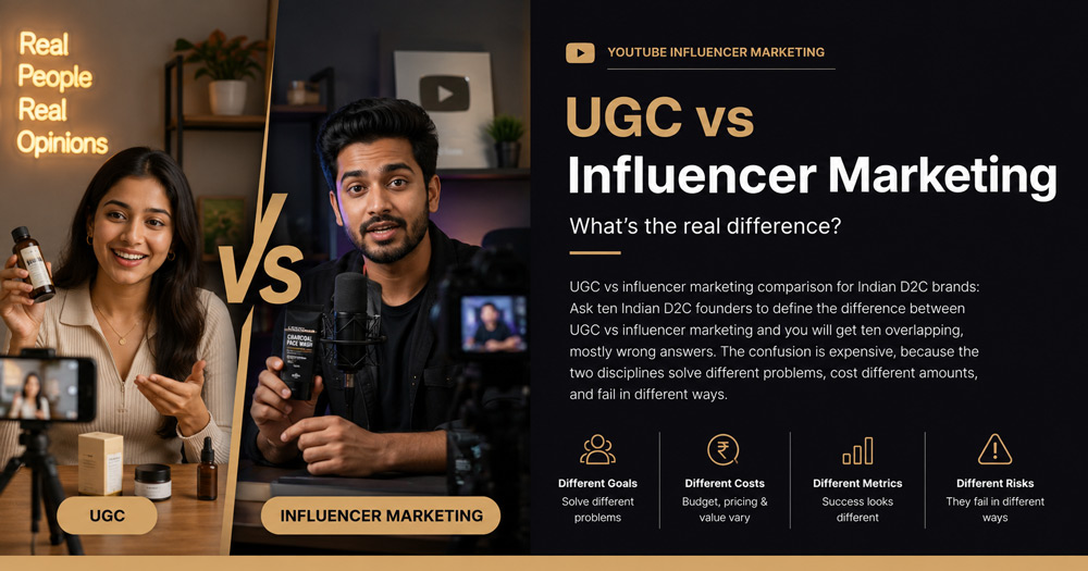 Split infographic comparing UGC and influencer marketing for Indian D2C brands, featuring Indian content creators alongside key differences in goals, costs, metrics, and campaign outcomes.