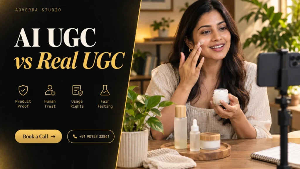 AI UGC vs real UGC: AI-generated editorial banner illustrating an Indian creator filming a skincare demonstration beside a comparison panel