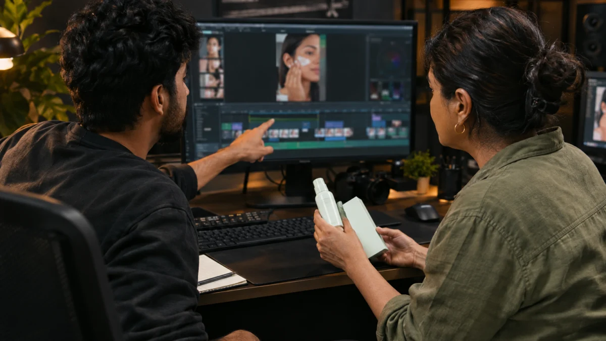 AI-generated illustration of two Indian editors checking human creator videos and packaging continuity at a studio desk