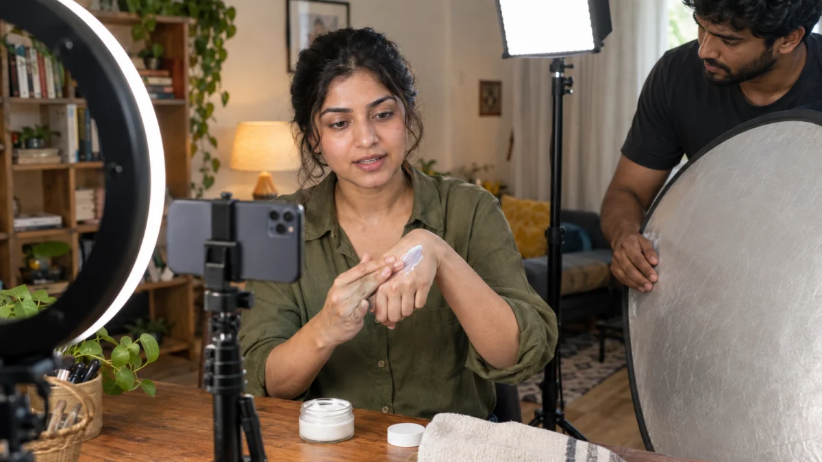AI-generated illustration of a creator demonstrating moisturiser texture with an assistant and phone tripod for creator-shot videos