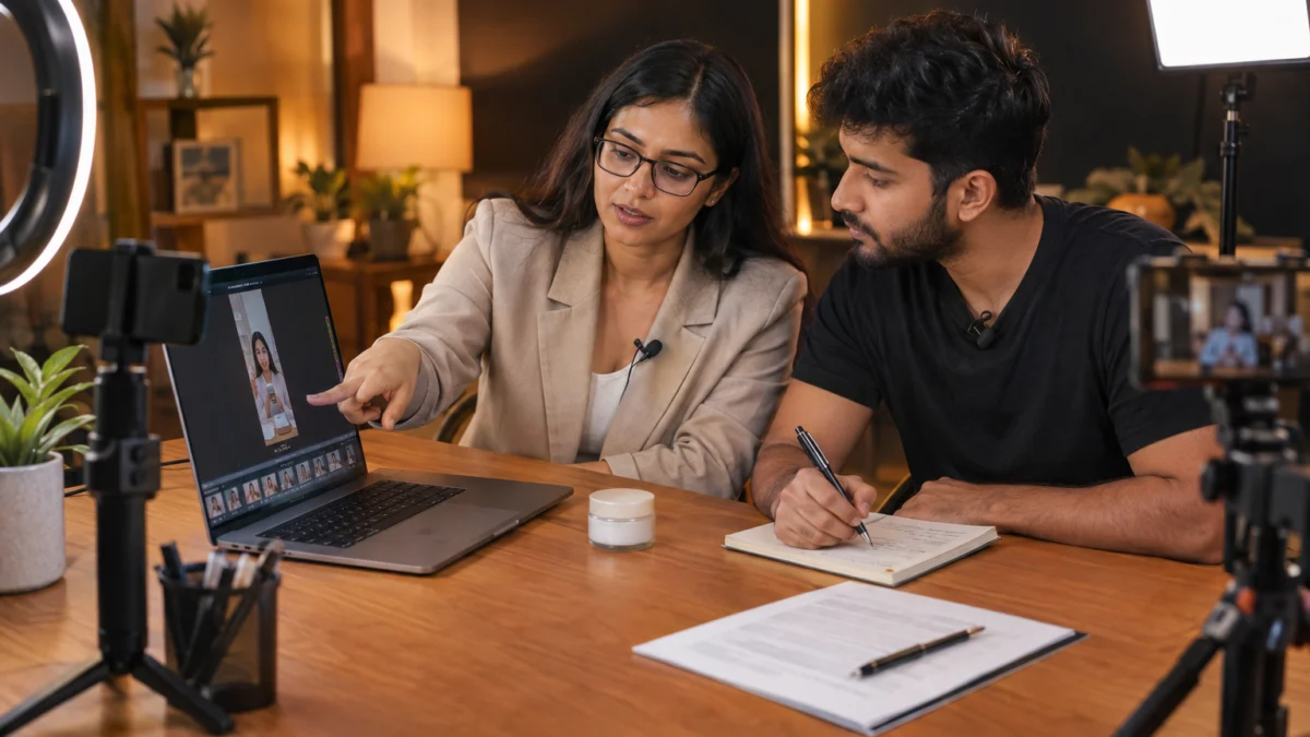 Behind the scenes: an Indian brand manager in a beige blazer points at a vertical video draft on a laptop while a male influencer takes notes beside a printed contract, checking influencer contract clauses and label placement