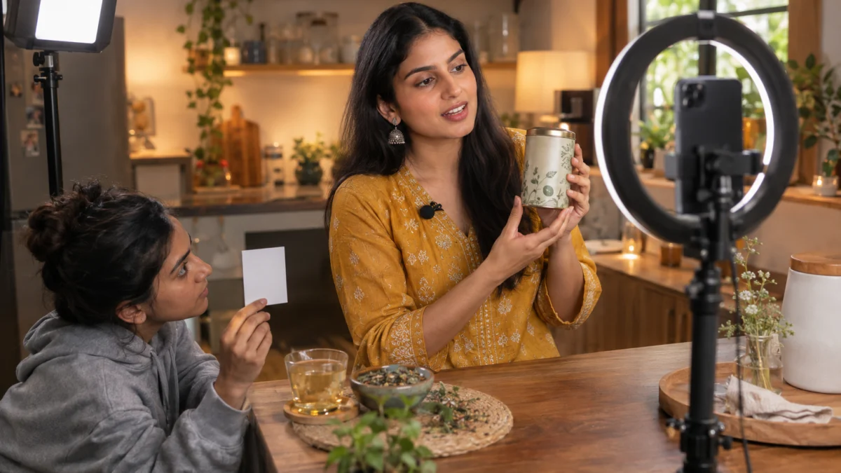 Behind the scenes: an Indian wellness creator in a mustard kurta films a story-style video with an unbranded herbal tea tin under a ring light while an assistant holds a blank cue card, a reminder of the influencer ad compliance line