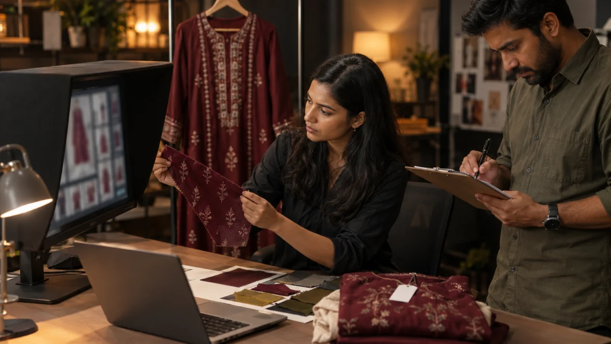 Behind the scenes: an Indian retoucher compares a maroon kurta swatch with a calibrated monitor while a coordinator ticks garment photo quality checks