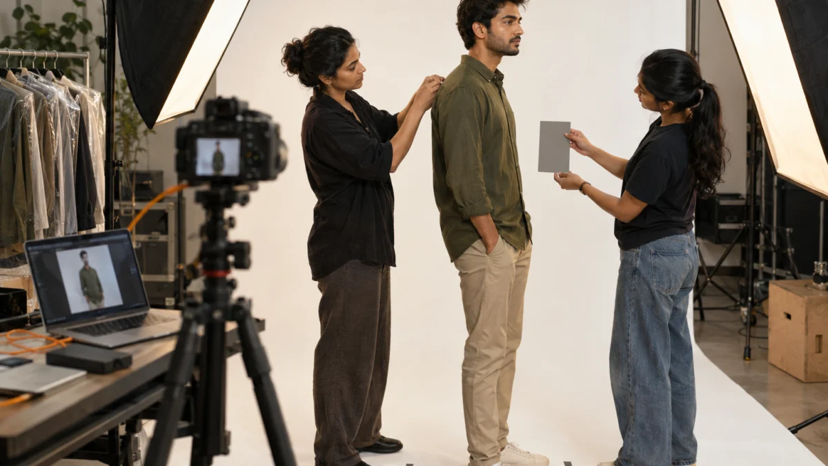 Behind the scenes: an Indian stylist pins an olive shirt on a male model while an assistant holds a grey card against a white backdrop for an apparel shot list template