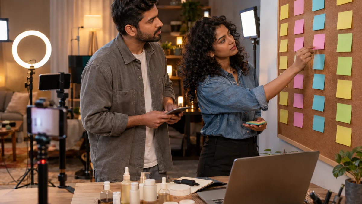 Behind the scenes of UGC ad concept planning: an Indian producer and a curly-haired strategist in a denim shirt sort colourful index cards into columns on a cork wall beside a ring light and phone tripod, mapping UGC ad concepts