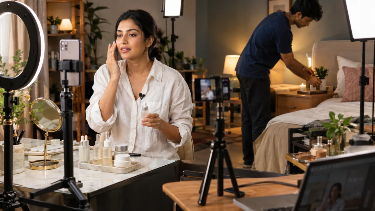 Behind the scenes of a UGC creator shoot: an Indian woman in a white linen shirt films a skincare routine at a vanity on a vertical phone rig while a male assistant dresses a bedside set behind her, two mini-sets for UGC ad variations in one studio