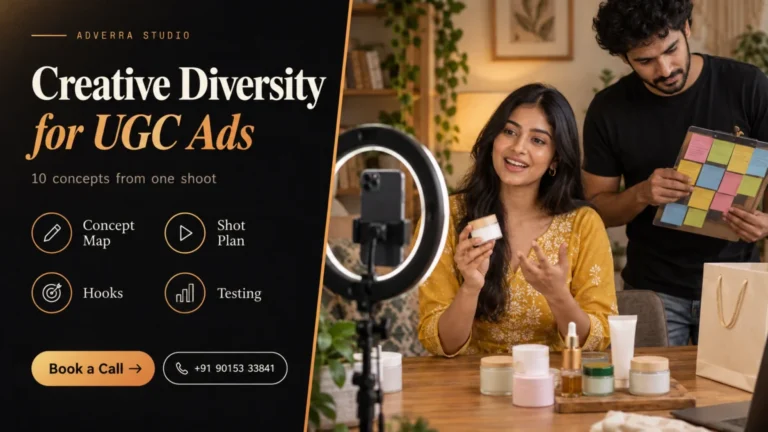 Creative diversity UGC ads banner: an Indian woman creator in a mustard kurta films a skincare review with a ring light while a director holds a sticky-note concept board, beside a dark editorial panel listing concept map, shot plan, hooks and testing