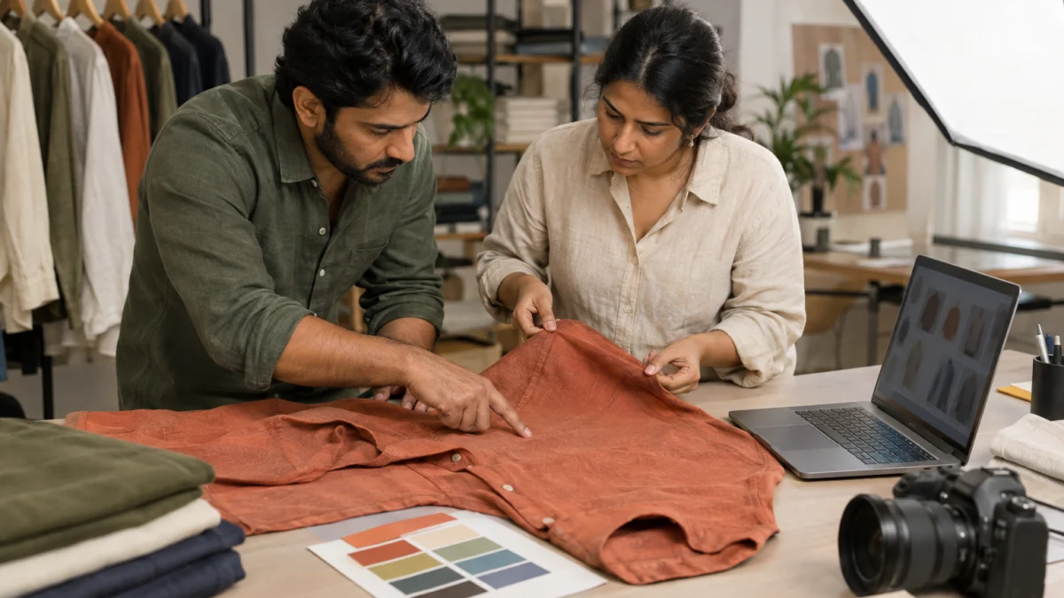Illustrative Indian apparel team comparing terracotta fabric with plain colour patches under a studio softbox for garment colour accuracy