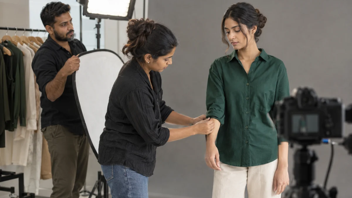 Illustrative Indian stylist adjusting a green shirt sleeve beside a reflector before on-model product photos in a neutral studio