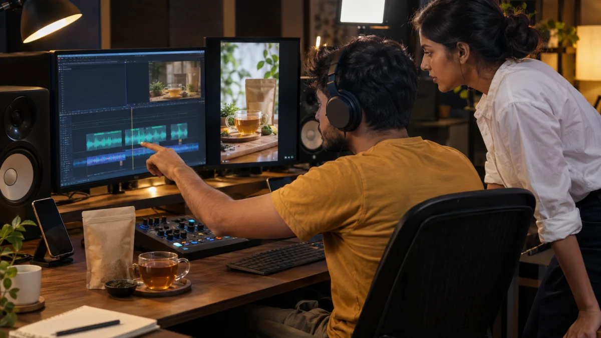 Behind the scenes: an Indian audio editor in headphones points at voiceover waveforms on a monitor while a brand manager compares the take with a vertical tea product video and logs recording pickup notes