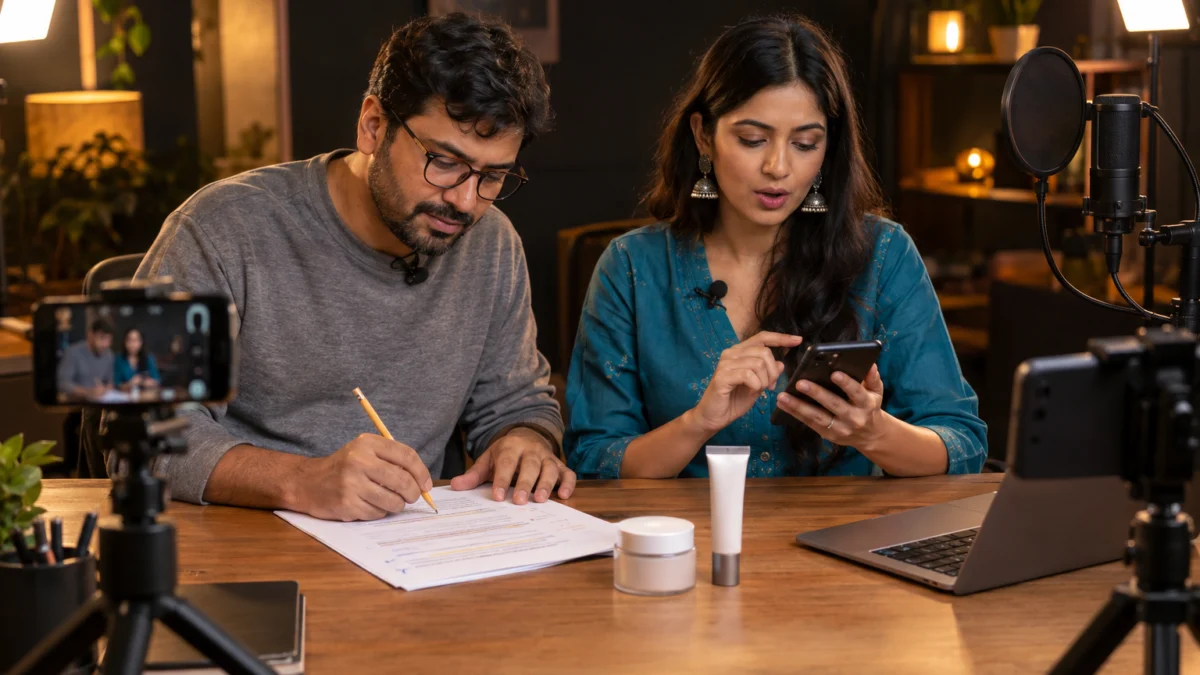 Behind the scenes: an Indian copywriter in glasses marks stress cues on a printed Hindi product ad script while a voice artist in a teal kurta times a line on her phone beside a studio microphone and unbranded skincare jars