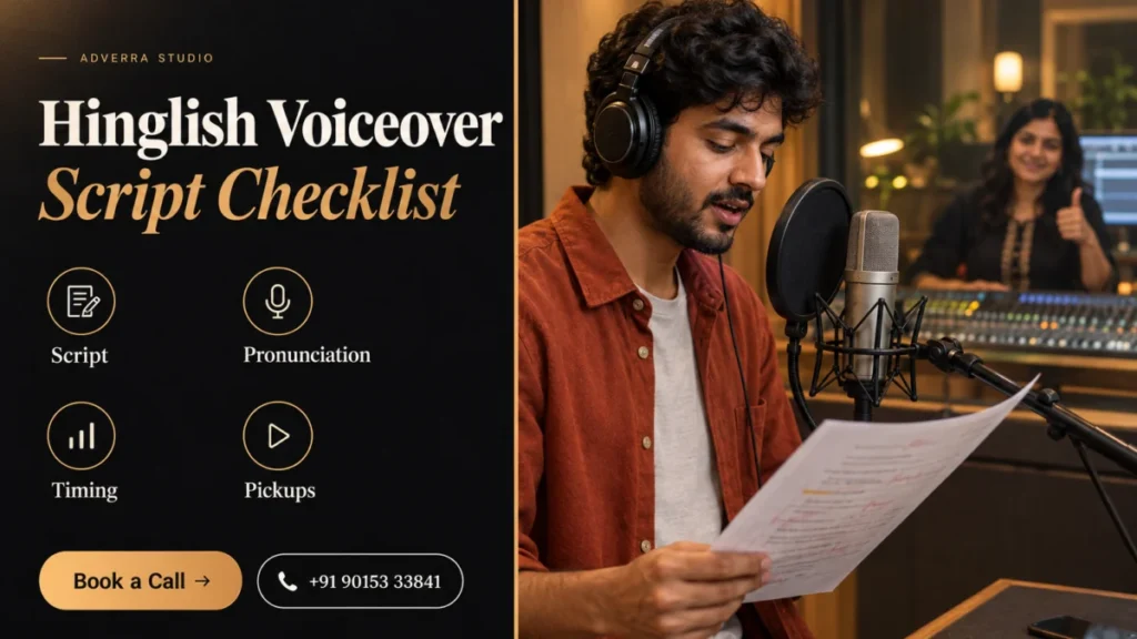 Hinglish voiceover script checklist banner: an Indian voice artist with headphones reads a pencil-marked script at a studio microphone while a sound engineer gives a thumbs-up, beside a dark editorial panel listing script, pronunciation, timing and pickups