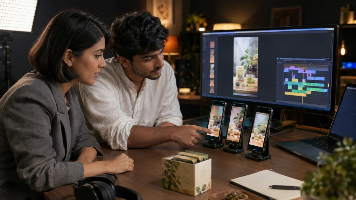 Behind the scenes: an Indian editor and performance marketer check caption placement on three phones and a monitor before exporting a Reels ad built to 1080x1920 Reels ad specs