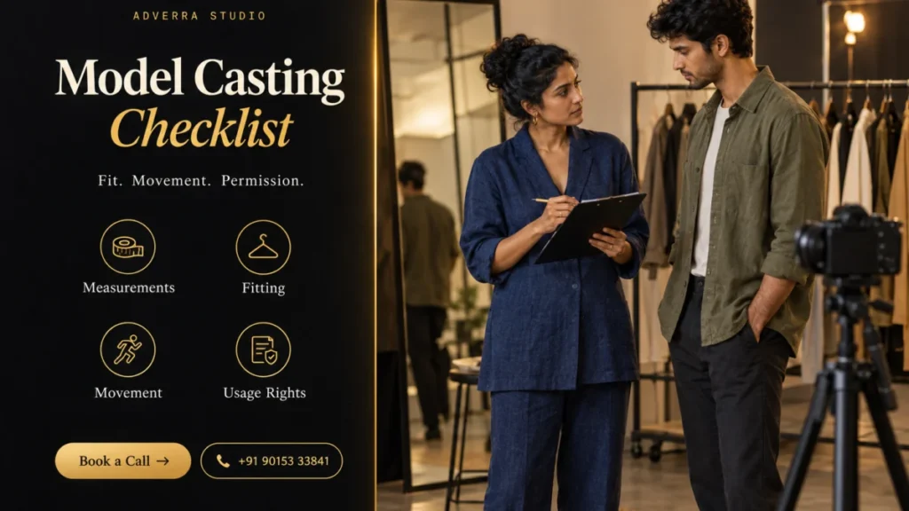 Model casting checklist banner: an Indian director reviews a male model beside a dark editorial panel listing measurements, fitting, movement and usage rights