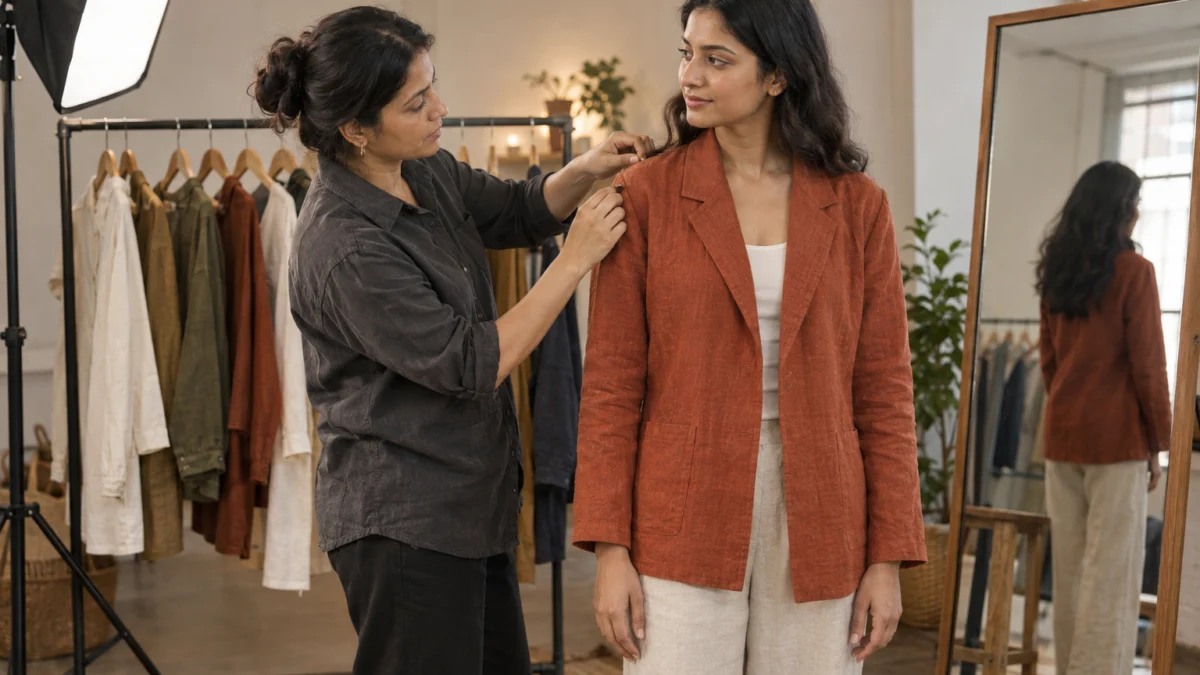 Illustrative garment fitting test with an Indian stylist checking a rust jacket shoulder seam on a fully clothed adult model in a warm studio