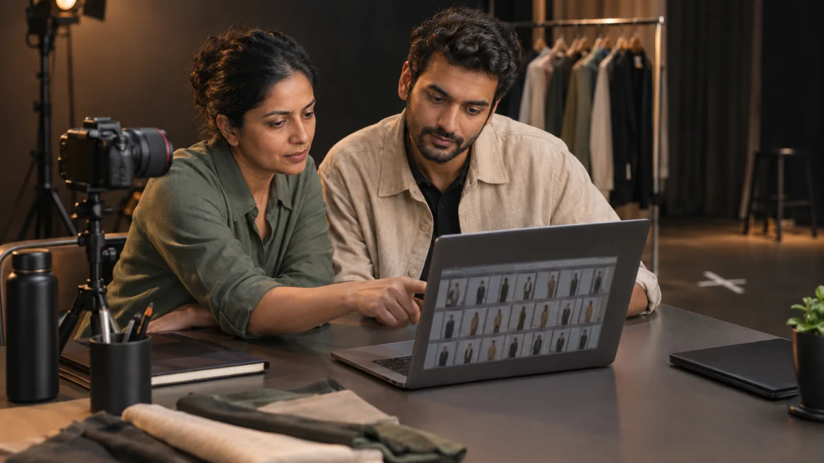 Illustrative casting shortlist approval with two Indian production planners reviewing audition thumbnails on a laptop beside studio equipment