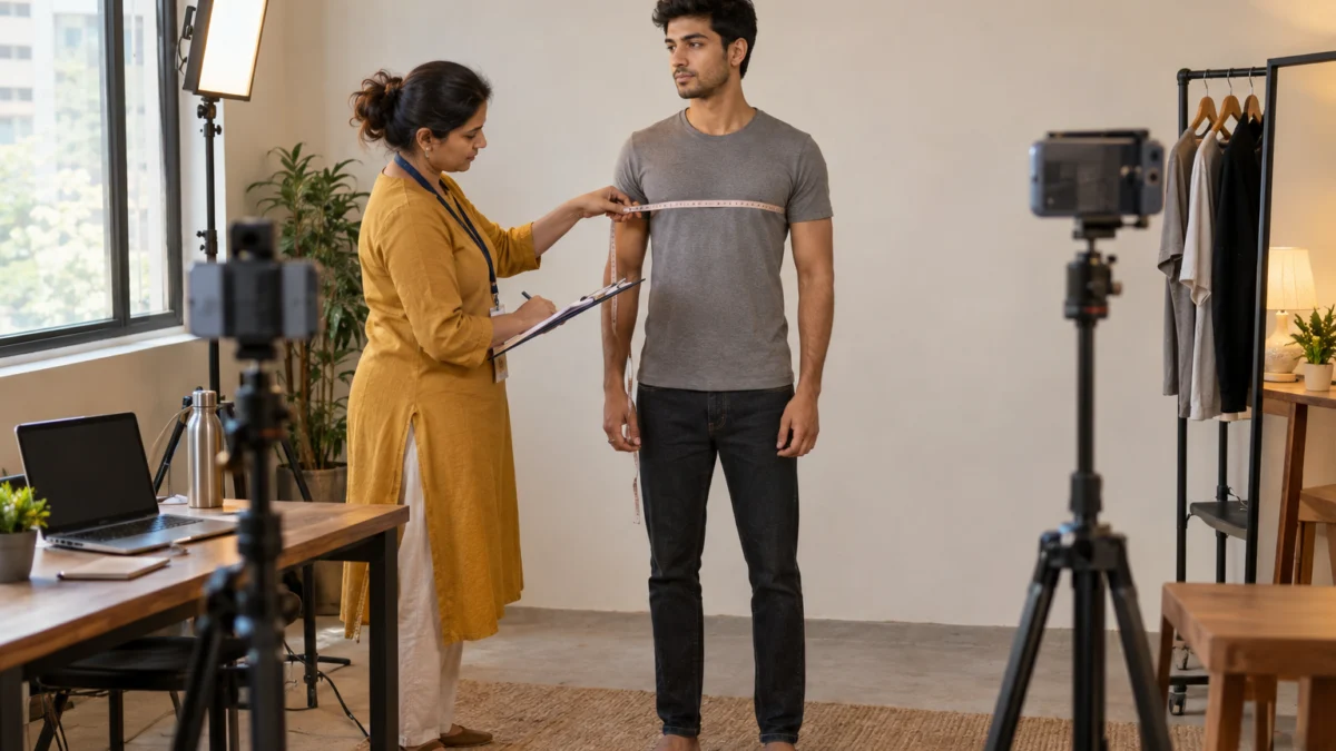 Behind the scenes: an Indian casting coordinator in a mustard kurta measures the chest of a young male model in a plain grey t-shirt with a soft tape while noting casting submission details on a clipboard in a bright studio