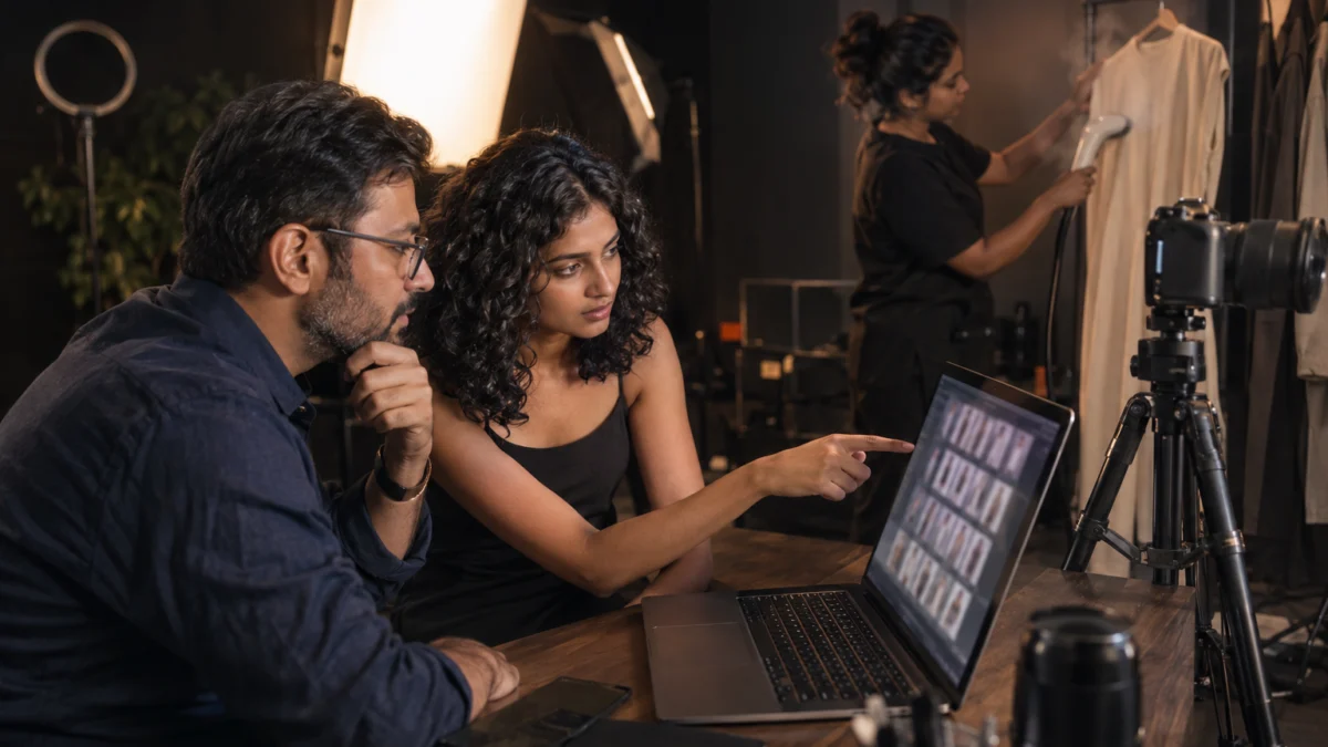 Behind the scenes: an Indian photographer with glasses and a young curly-haired model review test shoot thumbnails on a laptop in a dark studio to choose model portfolio shots while a stylist steams a cream dress in the background