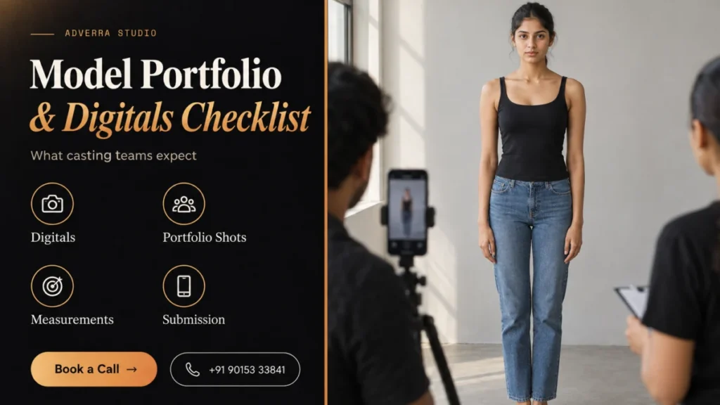 Model portfolio digitals checklist banner: a young Indian woman in a black tank top and jeans stands against a plain grey wall for unedited digitals while a phone on a tripod records, beside a dark editorial panel listing digitals, portfolio shots, measurements and submission