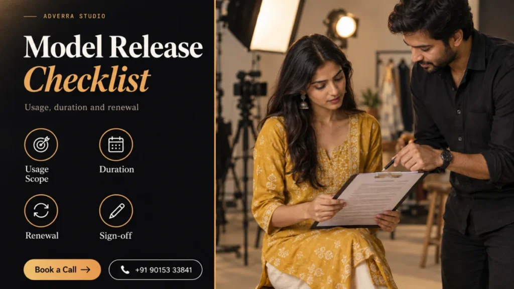 Model release form checklist India banner: an Indian model in a mustard kurta reviews a printed agreement with a casting coordinator on a warm fashion set beside a dark editorial panel listing usage scope, duration, renewal and sign-off
