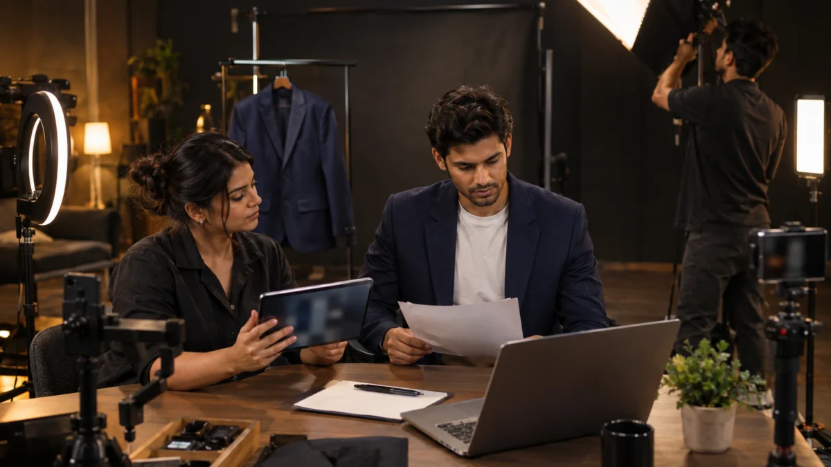 Behind the scenes: an Indian production coordinator holding a tablet walks a young male model in a navy blazer through printed booking terms at a studio table while a photographer adjusts a softbox, model booking agreement review before a menswear shoot