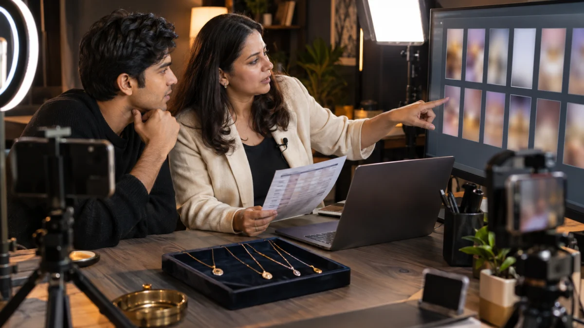 Behind the scenes: an Indian brand manager in a cream blazer points at a grid of blurred vertical jewellery ad thumbnails while a young editor listens, a printed image licence duration tracker in her hand and gold pendants on a velvet tray