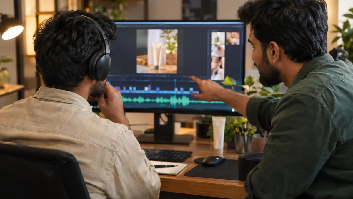 AI illustration of two Indian editors checking audio and vertical skincare cuts for Tamil voiceover quality checks