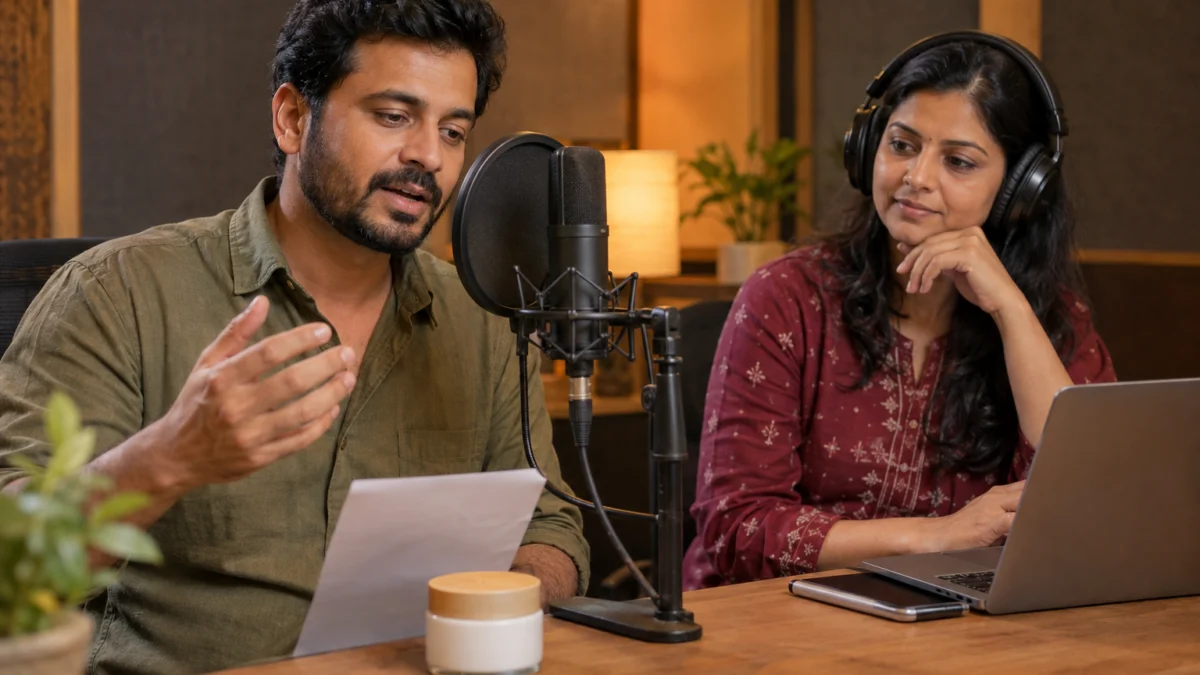 AI illustration of an Indian artist and language reviewer at a studio microphone during native speaker script review