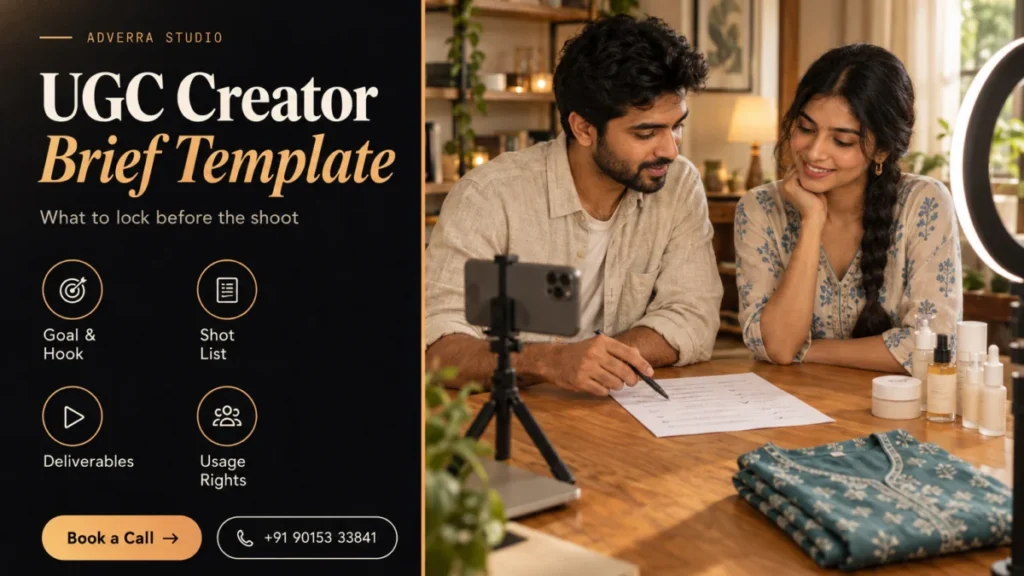 UGC creator brief template banner: an Indian brand manager and a woman creator review a printed one-page shoot brief beside a ring light and phone tripod, next to a dark editorial panel listing goal and hook, shot list, deliverables and usage rights