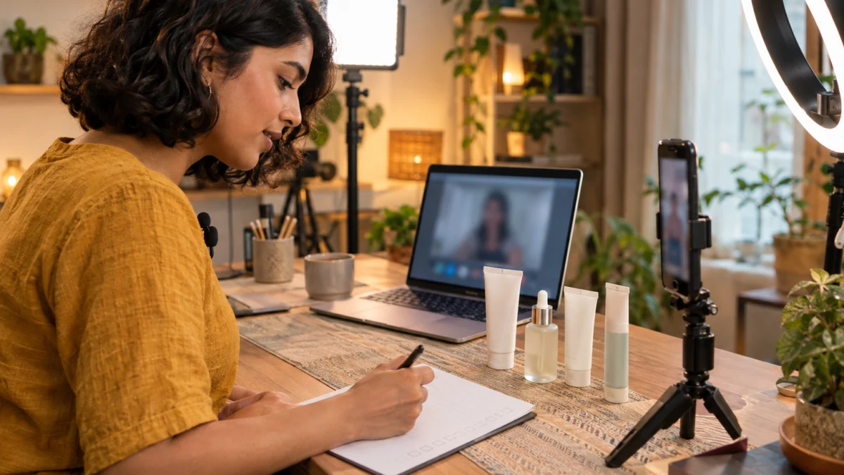 Behind the scenes of a UGC brief call: an Indian woman creator in a mustard top at her home desk ticks a printed creator brief for brands during a video call, with unbranded skincare tubes and a serum bottle lined up beside a phone on a mini tripod
