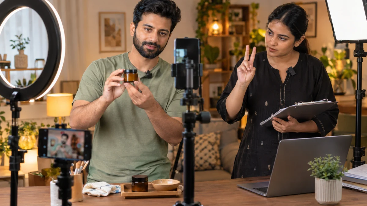 Behind the scenes of a UGC shoot: an Indian male creator in a sage t-shirt films a vertical face cream demo to a tripod-mounted phone while a producer in a black kurta checks the video brief template shot list on a clipboard and signals the next take