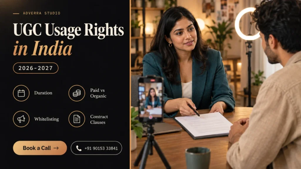 UGC usage rights India banner: an Indian brand manager in a teal blazer slides a creator contract to a UGC creator beside a ring light and tripod phone, next to a dark editorial panel listing duration, paid vs organic, whitelisting and contract clauses