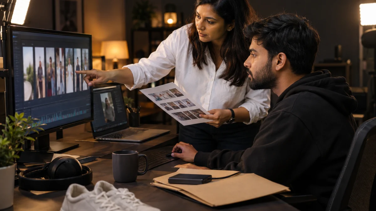 Behind the scenes: an Indian performance marketer points at a vertical UGC cut on a monitor while a bearded editor in a black hoodie checks it against a printed asset tracker, matching paid usage rights UGC terms to each file before delivery