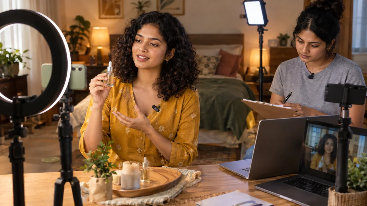 Behind the scenes: an Indian woman creator in a mustard kurta films a selfie-style serum review on a tripod phone with a ring light while a coordinator ticks a shot list, showing how UGC creator contract India deliverables are tracked on set