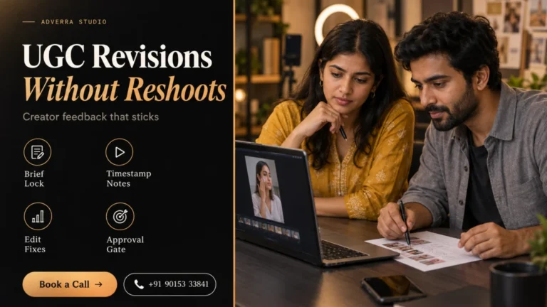 UGC video revisions feedback banner: an Indian brand manager and a video editor review a vertical skincare creator video on a laptop and mark a printed feedback sheet beside a dark editorial panel listing brief lock, timestamp notes, edit fixes and approval gate