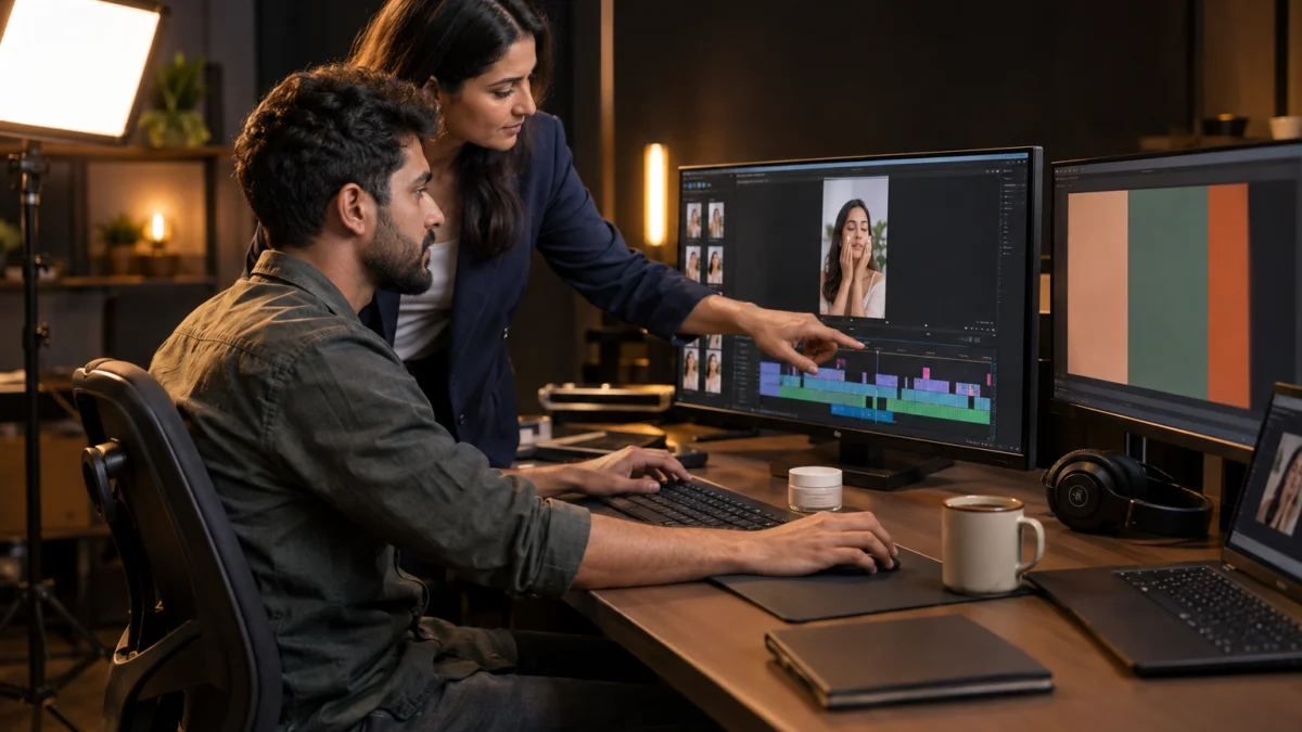 Indian woman marketing manager in a navy blazer pointing at a video timeline while a bearded male editor trims vertical 9:16 creator clips on a large monitor in a warmly lit dark edit room, applying UGC editing notes before deciding on a reshoot