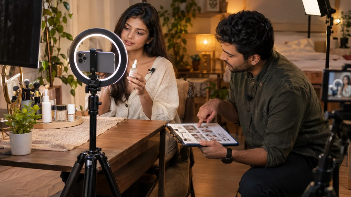 Young Indian woman creator holding a glass serum dropper bottle in front of a phone on a ring-light tripod at a home-style vanity set while a male producer kneels beside her pointing at a printed shot list, part of a UGC production workflow